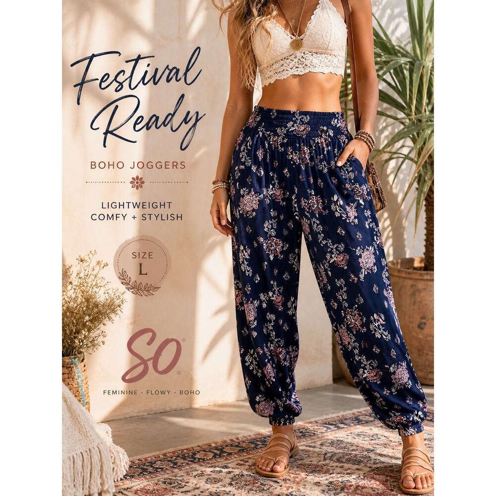 SO Floral Boho Harem Jogger Pants Navy Pink Floral Rayon Size Large